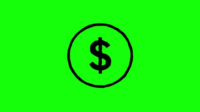 Simple black hand drawn dollar coin icon moving down on a green screen background