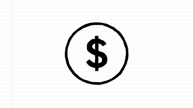 Multiple hand drawn dollar signs inside circles falling sequentially on a lined paper background