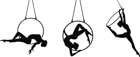 A series of silhouettes depict an aerialist gracefully performing within three suspended circular hoops showcasing strength and flexibility high quality professional detailed modern © MdNaimurRahaman