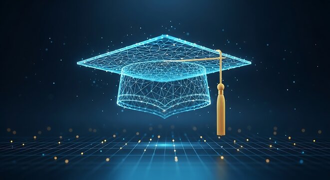 Digital rendering of a graduation cap with glowing wires and grid, set against a dark blue background