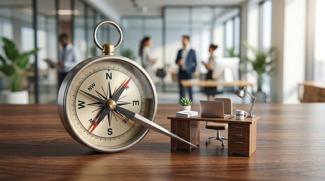 Large vintage compass pointing direction on wooden desk with miniature office setup, blurred people in background