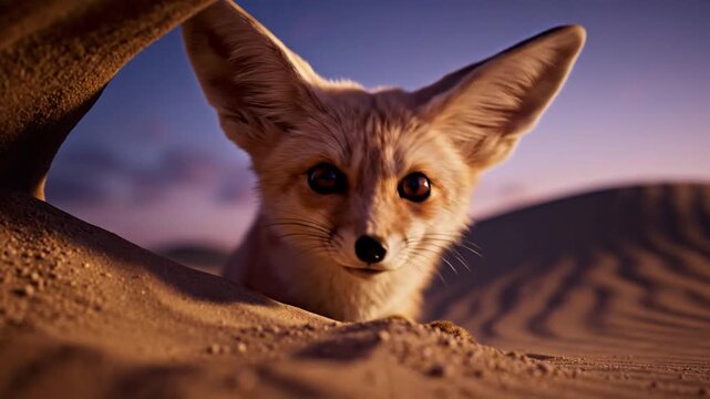 Fennec Fox with Large Ears Peeking from Desert Dunes