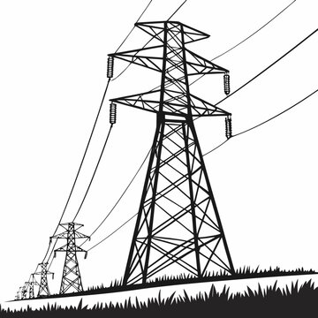 Black silhouette of a power transmission tower with lines and another tower in the background