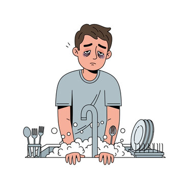 Tired Man Washing Dishes, Exhausted Person Doing Chores, Household Fatigue
