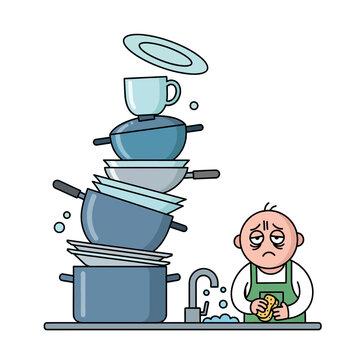 Tired Person Washing Huge Pile of Dishes in Sink, Domestic Chores