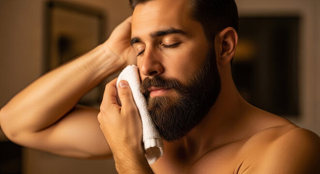 Man wiping face with towel