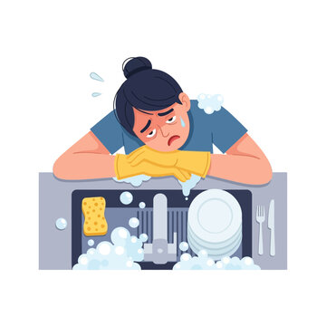Tired Woman Washing Dishes, Overwhelmed by Chores, Exhausted Housewife
