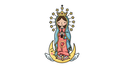 Fototapeta premium Cute Virgin Mary Vector Illustration with Crown and Stars on Crescent Moon, Religious Iconography for Catholic Devotion and Spiritual Art