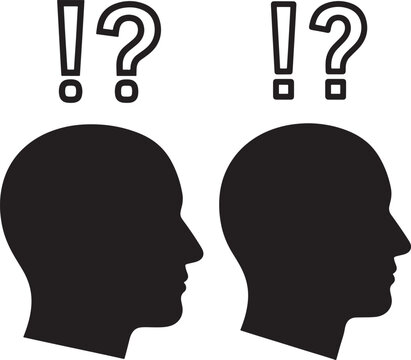 Silhouettes of two human heads with question mark and exclamation point symbols above human head silhouette black and white confusion curiosity thinking communication brainstorming uncertainty