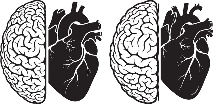 Human brain and heart comparison with black and white human body human organs comparison opposite contrast psychology philosophy thinking rational emotional internal silhouette connection