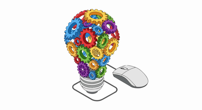 Isometric Light Bulb Icon with Colorful Interlocking Gears and Computer Mouse - Innovation, Engineering, Creative Thinking, and Digital Technology Concept for Business Ideas