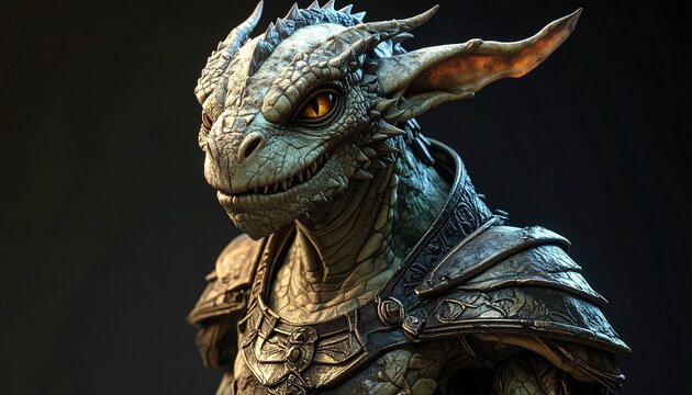 Detailed Portrait of a Dragonborn Warrior in Ornate Armor.