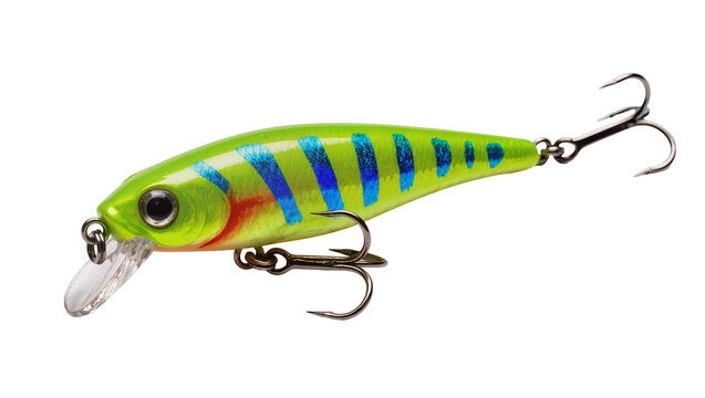Vivid green fishing lure with blue stripes and red accents, isolated on transparent background