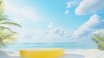 Obraz premium Bright yellow platform at the beach under a clear blue sky with green palm trees swaying in the breeze