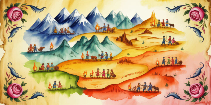 Watercolor fantasy parchment map with mountain caravans, desert travelers, campfires, floral corners and medieval journey scene