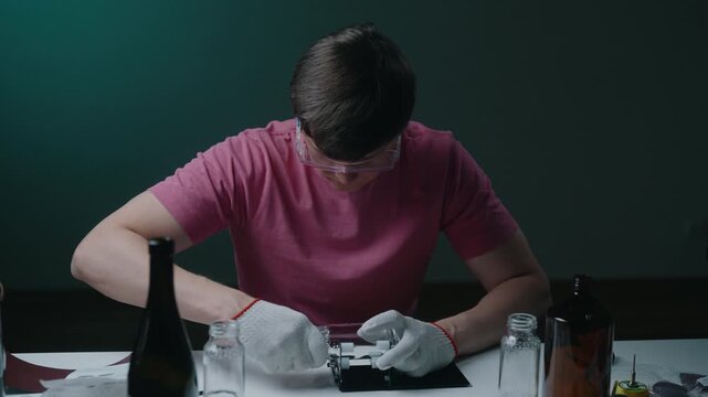 Portrait of man wearing safety glasses and protective gloves scoring glass bottle with specialized cutting tool. Transforming discarded containers into new items through dedicated diy hobby.