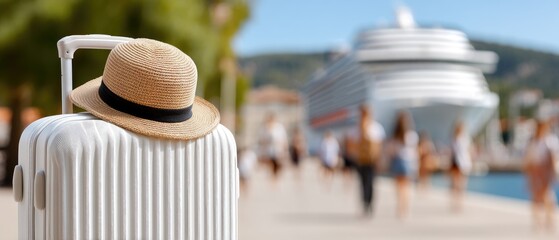Naklejka premium White suitcase with a hat on it beside a cruise ship and beachgoers in the background during a sunny day