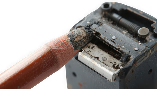 Close-up view of an old mechanical pencil sharpener actively sharpening a wooden pencil, creating graphite shavings on transparent background. on transparent background