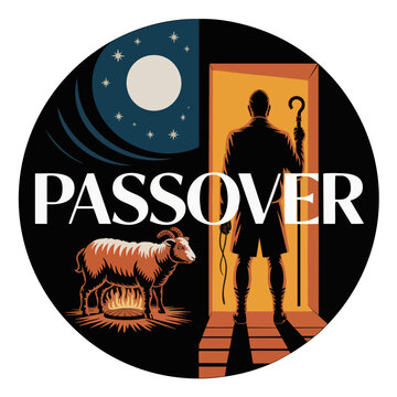 Passover badge illustration with shepherd silhouette, sacrificial lamb, moonlit night, doorway light, and Hebrew holiday symbolism