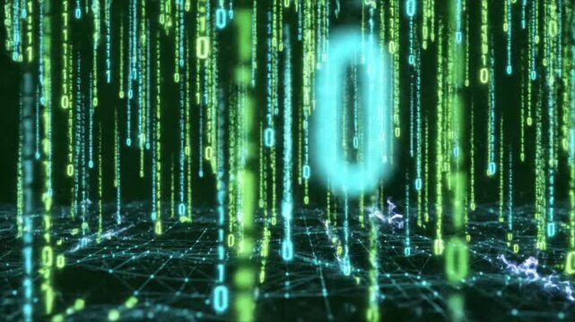 AI Data Network Background with Binary Code Rain