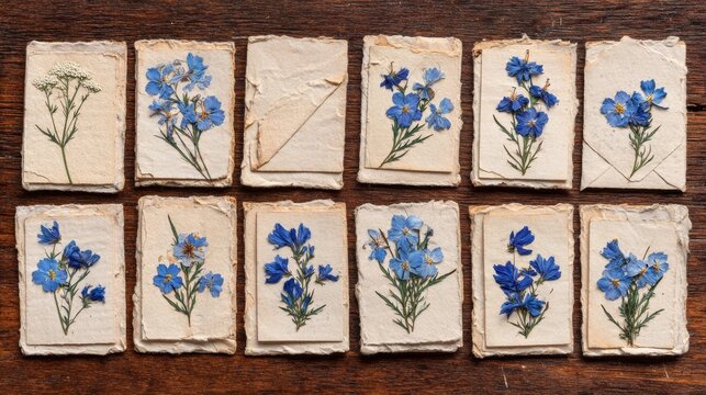 Vintage Pressed Blue Delphinium Flowers on Aged Paper Cards