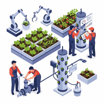 Automated Vertical Farming with Robotic Arms and Workers.