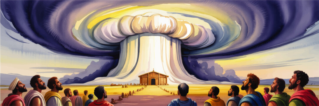Biblical tabernacle beneath towering divine cloud pillar and radiant sky, dramatic sacred illustration of faith and worship