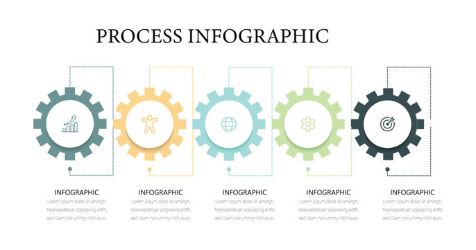 Adkar model change management framework infographic with horizontal timeline with gear structure shape up and down 5 step. Vector illustration.  