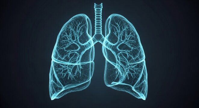 Glowing blue lungs with trachea on dark background for cystic fibrosis awareness