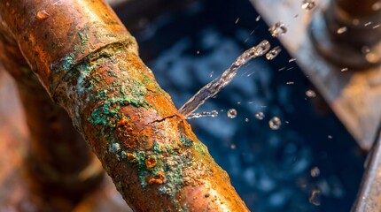 Fototapeta premium Corroded Copper Pipe Leaking Water Showcasing Oxidation and Rust Damage Industrial Plumbing Problem