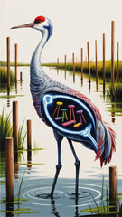 Obraz premium Surreal crane anatomy illustration in marsh wetland with glowing xray body and colorful stools inside, whimsical nature art