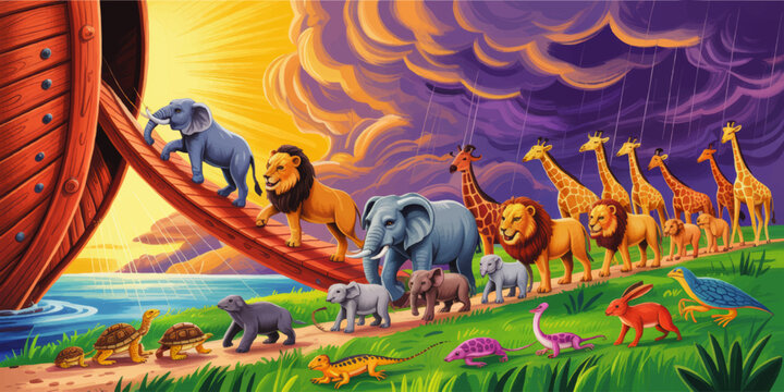 Noahs Ark animal procession in storm and sunlight with elephants lions giraffes and reptiles colorful biblical illustration