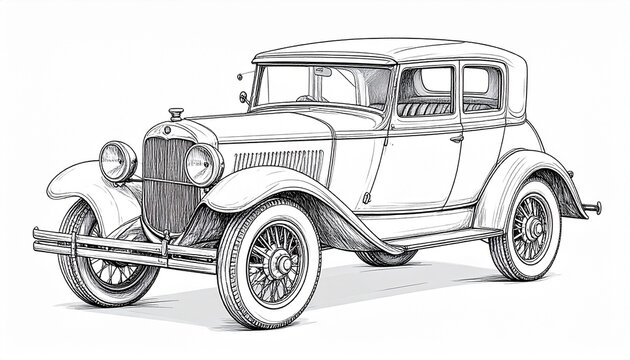 Detailed Line Art Illustration of a Classic 1930s Car.