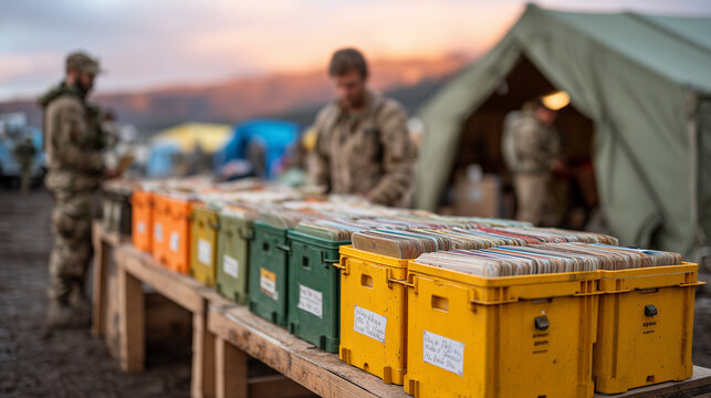 Disaster relief coordinator crouching beside color-coded supply crates in muddy field tent, handwritten manifests spread across folding table, emergency responders moving in background, ideal for hu