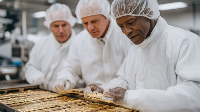Multicultural aerospace engineers assembling a cubesat array in a white cleanroom environment under harsh fluorescent lighting, golden foil insulation reflecting in their visors, perfect for satelli