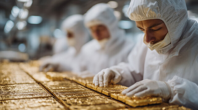 Multicultural aerospace engineers assembling a cubesat array in a white cleanroom environment under harsh fluorescent lighting, golden foil insulation reflecting in their visors, perfect for satelli