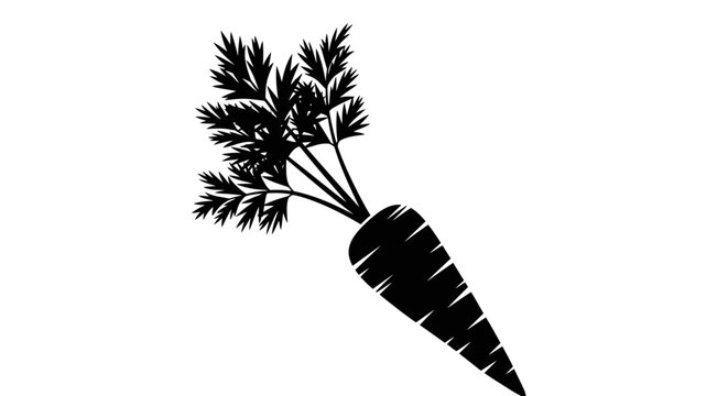 A black silhouette of a carrot with detailed feathery green foliage