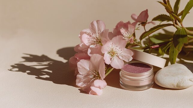 Elegant cosmetic cream jar with pink cherry blossoms and natural stones on beige background, signifying organic skincare and spring beauty routine for Adobe Stock.
