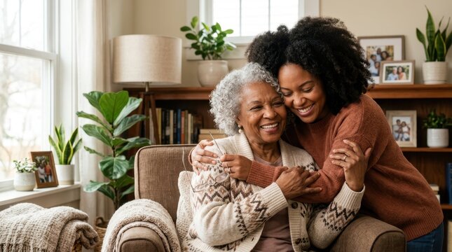 Joyful embrace between a mother and daughter sharing a tender moment at home