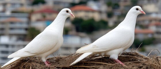 Fototapeta premium Close-up of white doves sitting together in nest with trees and houses in background during bright day with natural light