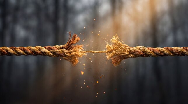 Frayed Rope Breaking Apart Under Tension Symbolizing Stress Strain and Ultimatums Reaching a Breaking Point