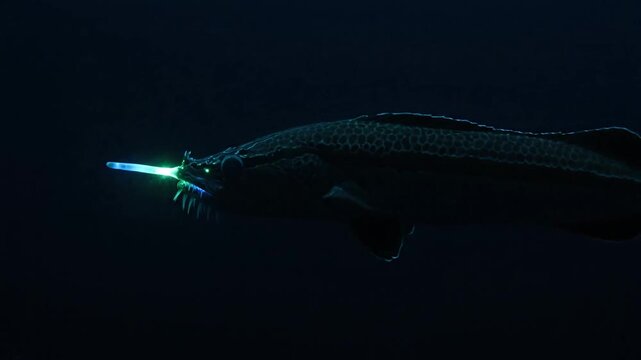 A glowing deepsea fish swimming in dark ocean waters