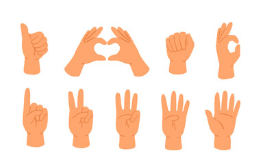 Obraz premium Hand gesture icons set showing thumbs up, heart sign, fist, peace, ok and counting fingers. Flat vector illustration isolated collection