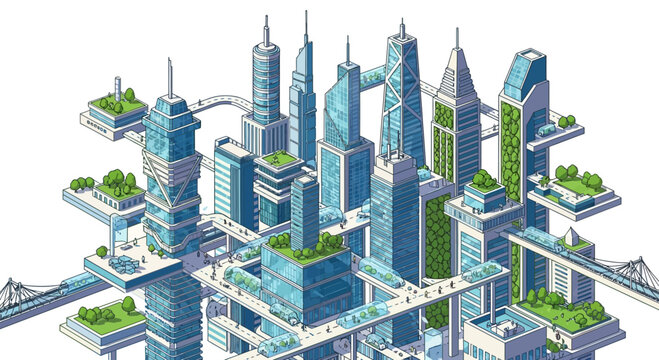 Pixel Art Futuristic Cityscape with Green Skyscrapers and Skybridges