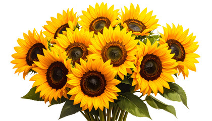Fototapeta premium Vibrant bouquet of sunflowers, showcasing yellow petals and dark centers. Green leaves