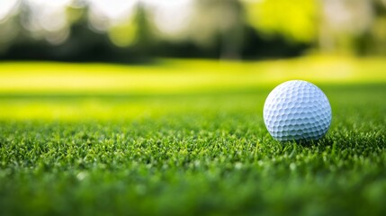Obraz premium Golf ball resting on green grass in a sunny outdoor golf course setting during daytime