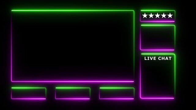 Neon glowing animated intermission stream overlay with hud facecam border, chat frame design for live broadcast visuals. Pink and green color on black background. 4K video.