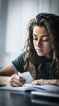 Focused young woman writing in a notebook at a desk in soft natural light. Calm indoor portrait with a studious mood, ideal for education and learning concepts.