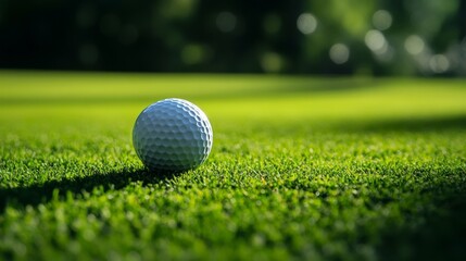Obraz premium Golf ball resting on green grass under natural light at a golf course during daylight hours