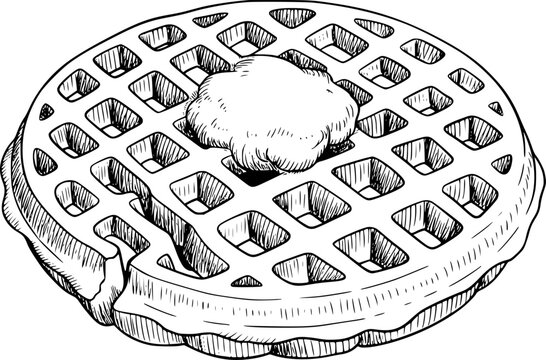 Hand Drawn Waffle With Butter Melting In Square Grid Pattern Isolated White Background